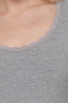 Long Sleeve Scoop Neck with Lace Trim Rib Knit Top