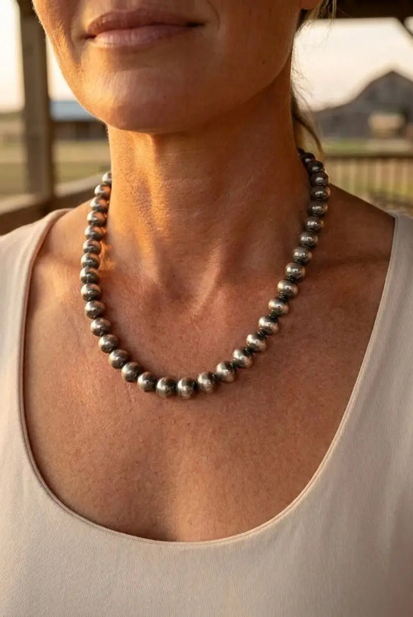 10mm Sterling Pearl Necklace — 18 inch - Cowhide and Conchos