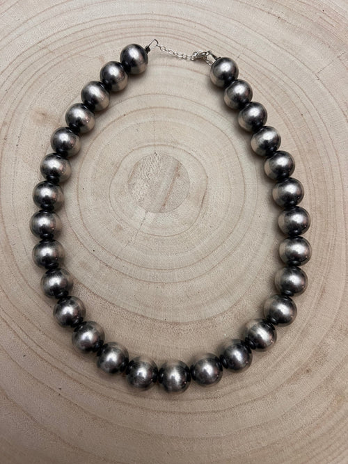 12 mm Sterling Silver Pearls Statement Necklace - 16 inch - Cowhide and Conchos