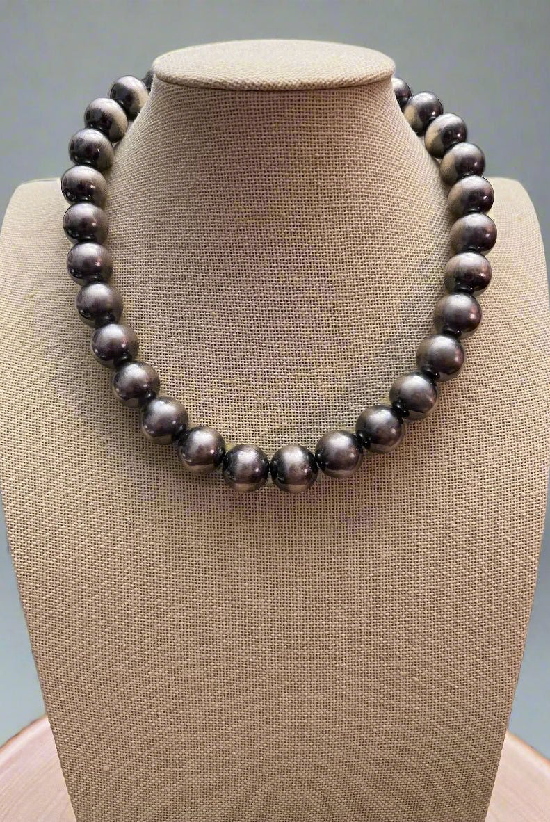 12 mm Sterling Silver Pearls Statement Necklace - 16 inch - Cowhide and Conchos