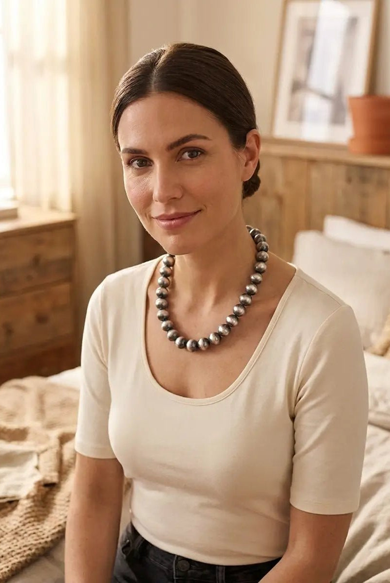12mm Sterling Pearl Necklace — 16 inch - Cowhide and Conchos