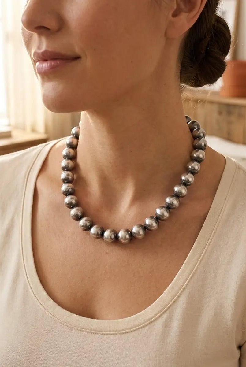 12mm Sterling Pearl Necklace — 16 inch - Cowhide and Conchos
