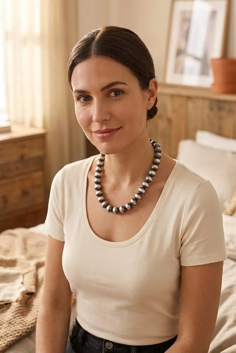 12mm Sterling Pearl Necklace — 18 inch - Cowhide and Conchos