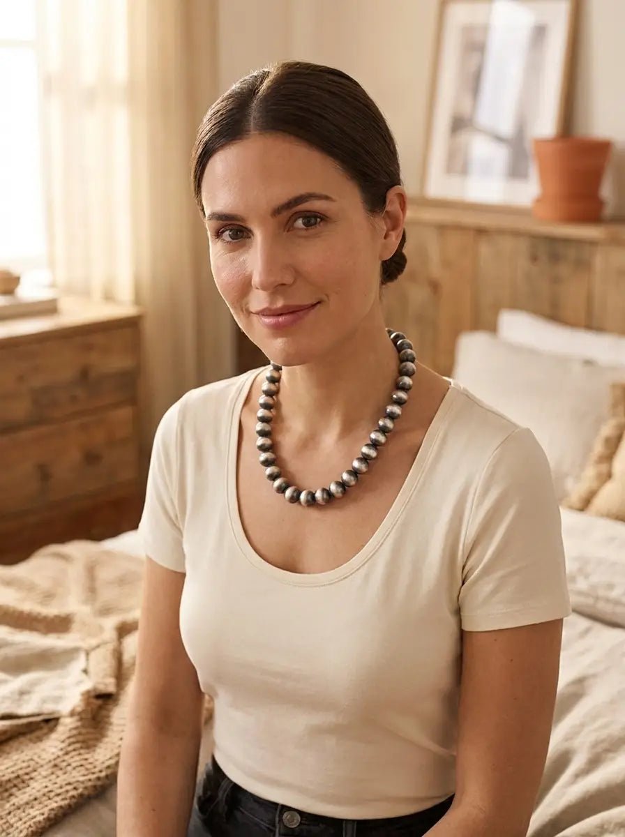 12mm Sterling Pearl Necklace — 18 inch - Cowhide and Conchos