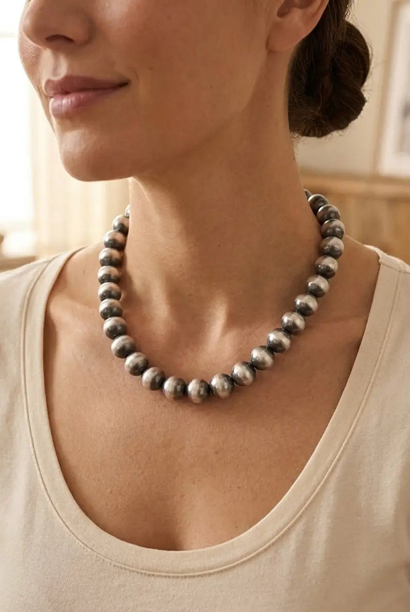 12mm Sterling Pearl Necklace — 18 inch - Cowhide and Conchos