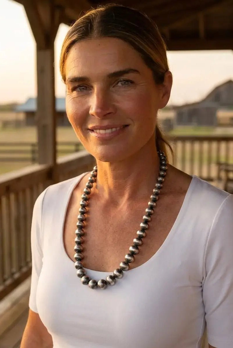 12mm Sterling Pearl Necklace — 20 inch - Cowhide and Conchos