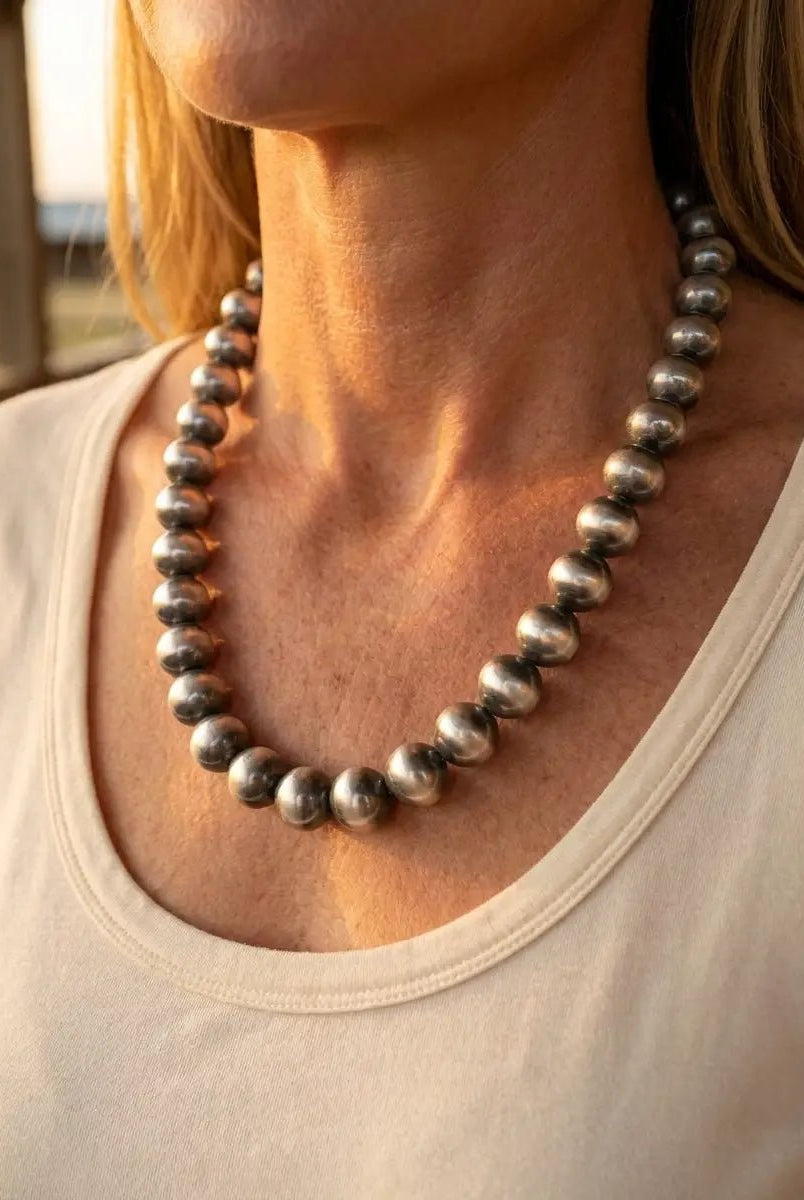 12mm Sterling Pearl Necklace — 20 inch - Cowhide and Conchos