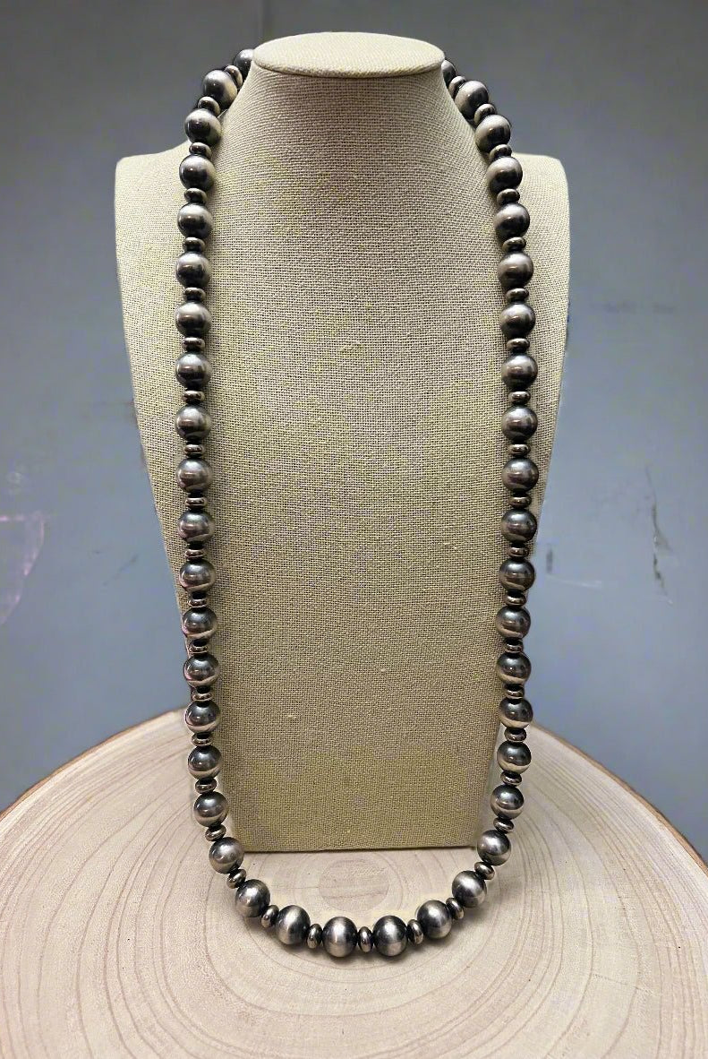14mm & 10mm saucer Sterling Silver Pearls Statement Necklace - 35 inch - Cowhide and Conchos