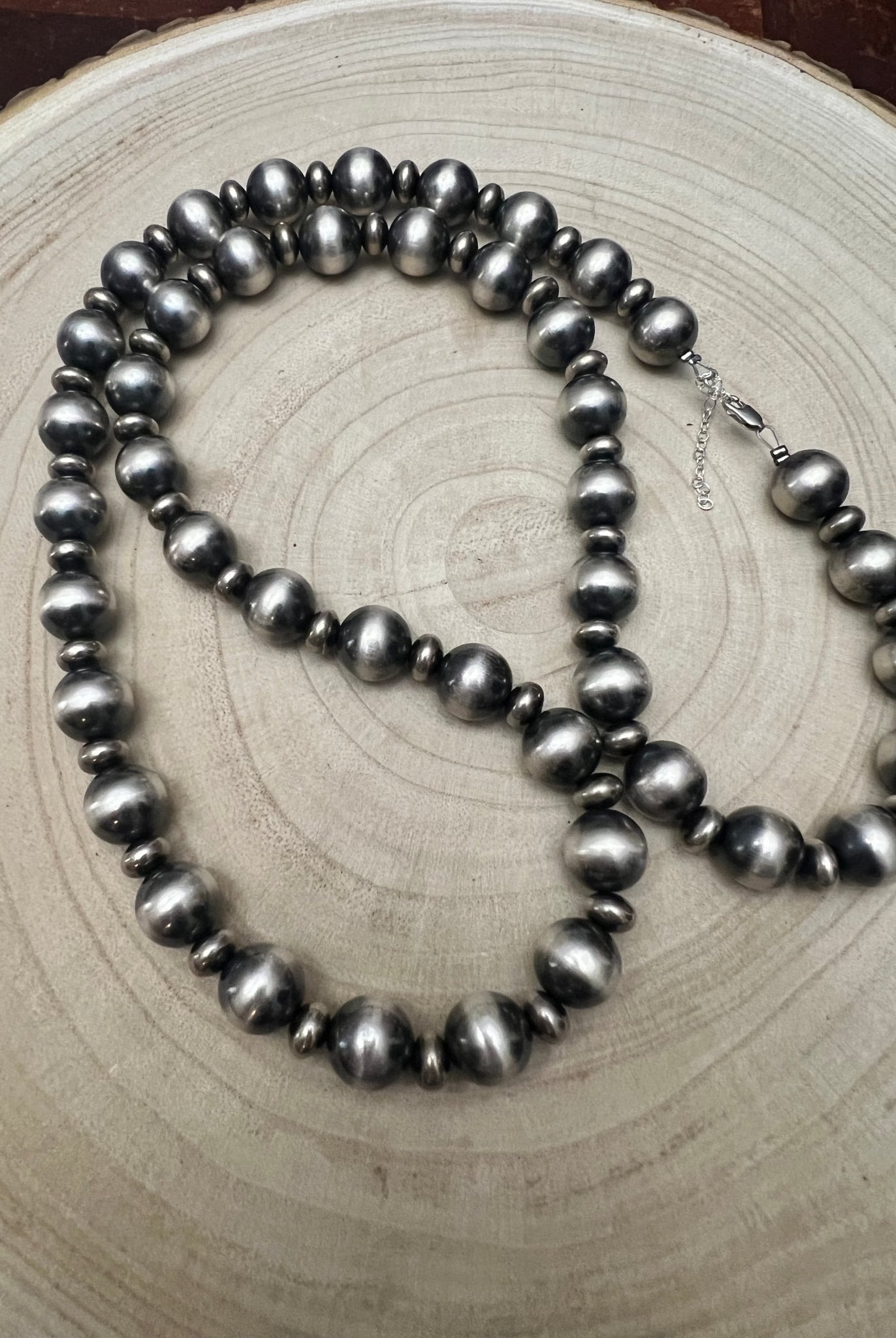 14mm & 10mm saucer Sterling Silver Pearls Statement Necklace - 35 inch - Cowhide and Conchos