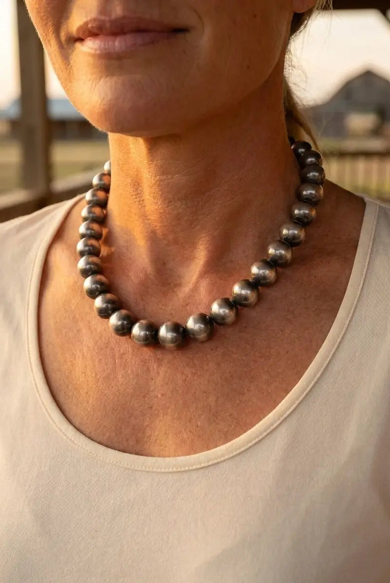 14mm Sterling Pearl Necklace — 16 inch - Cowhide and Conchos