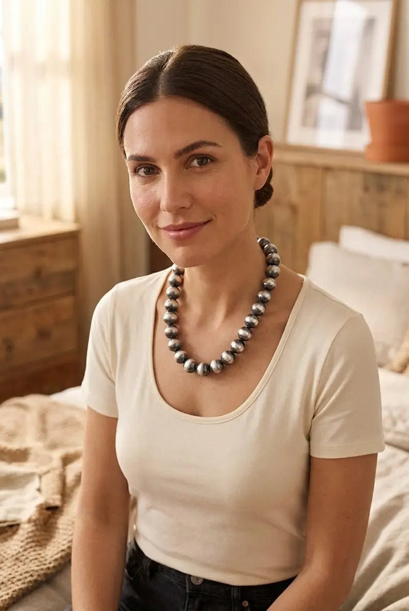 14mm Sterling Pearl Necklace — 18 inch - Cowhide and Conchos