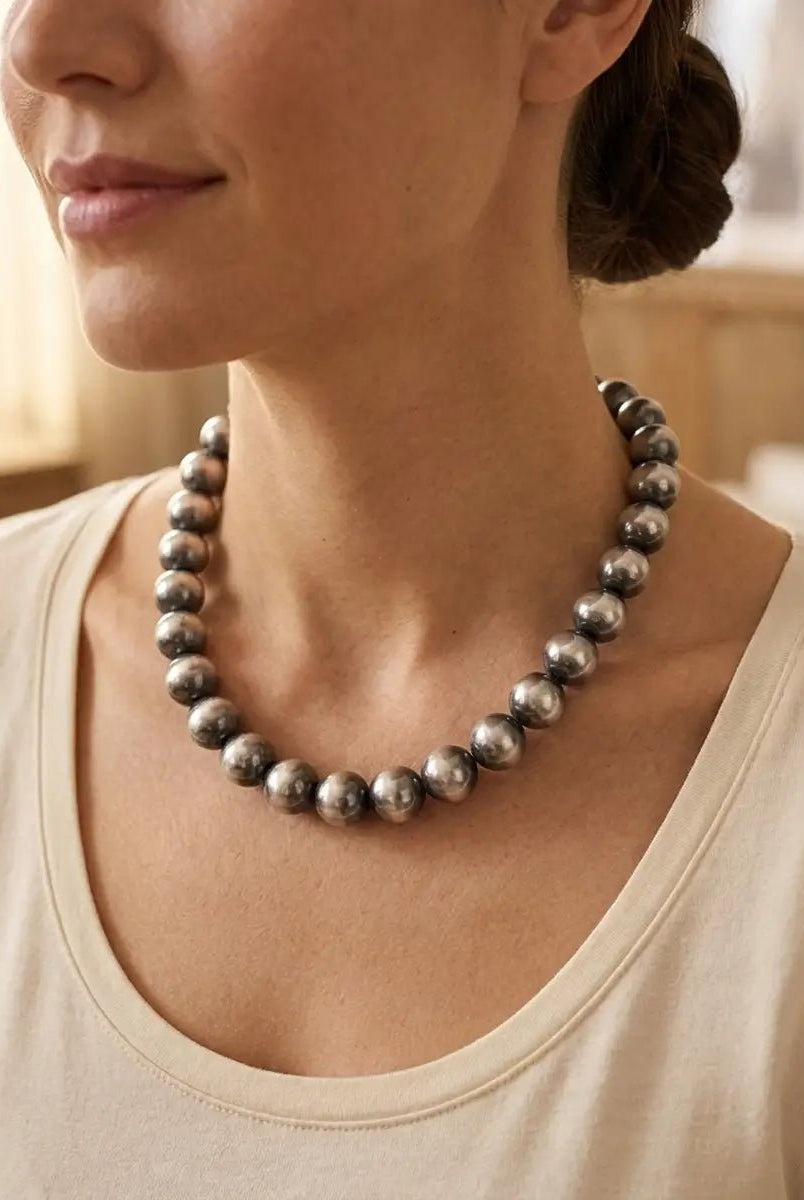 14mm Sterling Pearl Necklace — 18 inch - Cowhide and Conchos