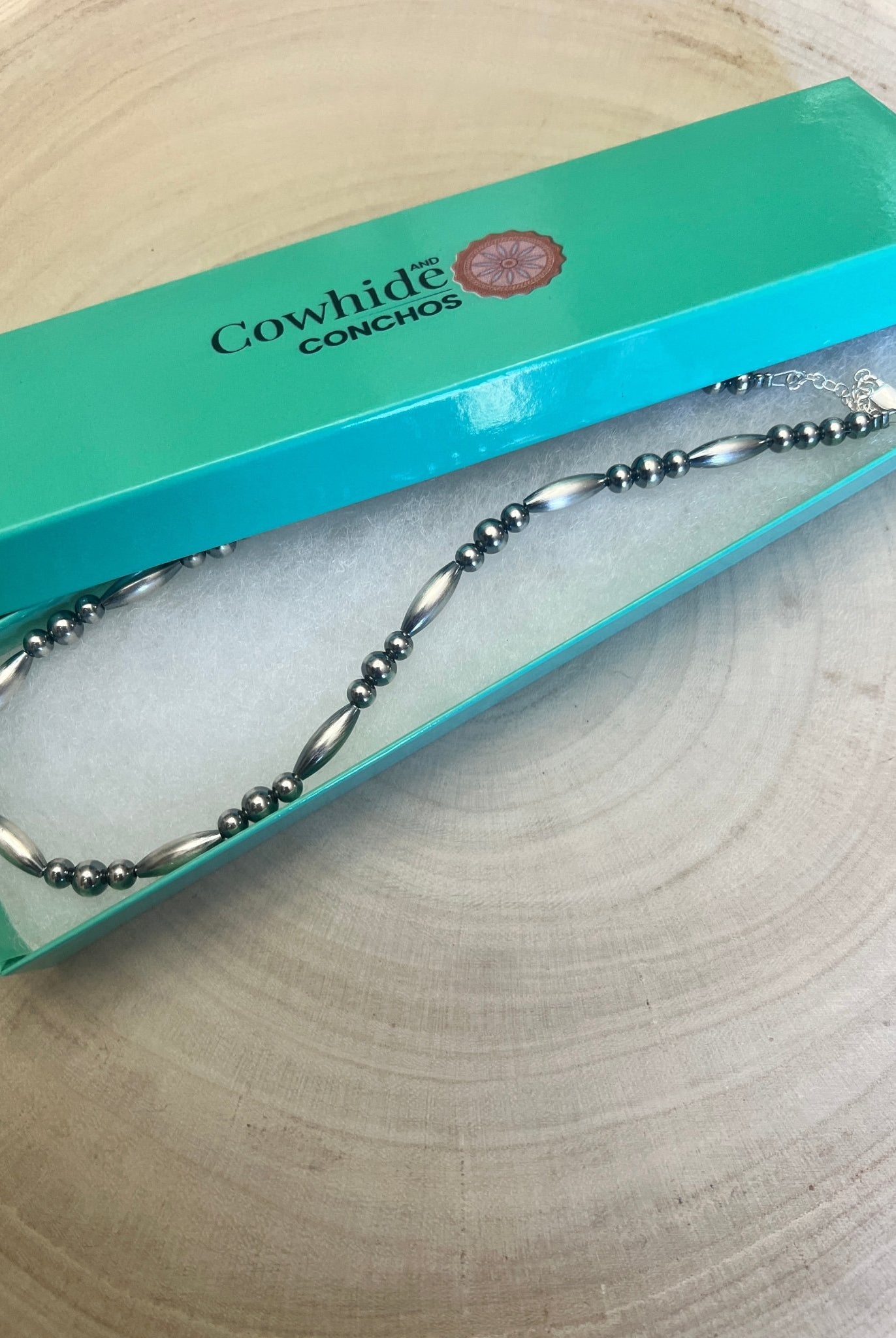 15” Torpedo Bead Necklace – Sterling Silver - Cowhide and Conchos