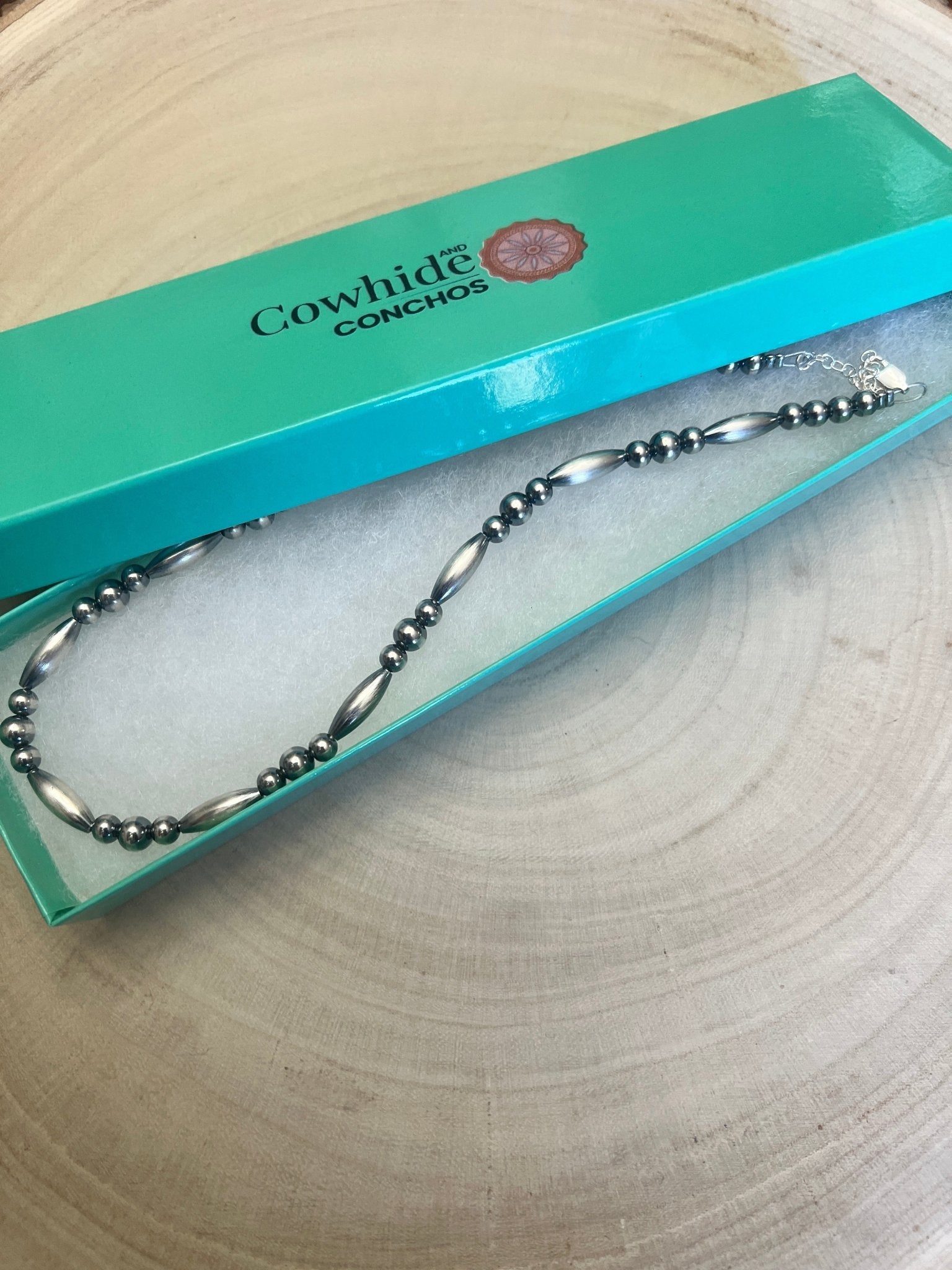 15” Torpedo Bead Necklace – Sterling Silver - Cowhide and Conchos