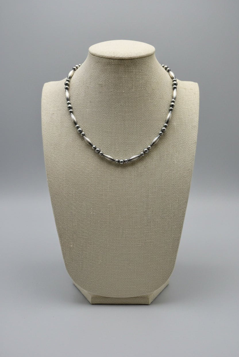 15” Torpedo Bead Necklace – Sterling Silver - Cowhide and Conchos