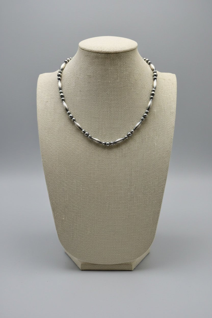 15” Torpedo Bead Necklace – Sterling Silver - Cowhide and Conchos