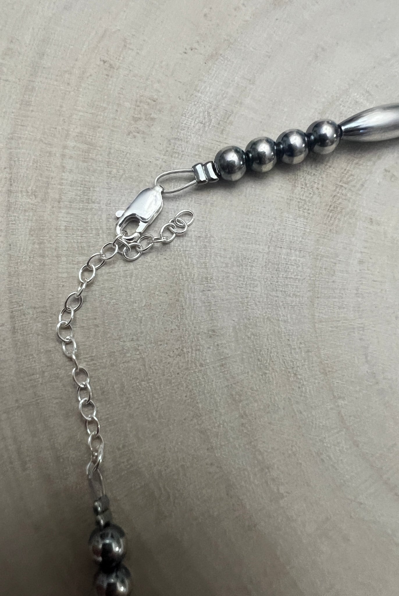 15” Torpedo Bead Necklace – Sterling Silver - Cowhide and Conchos