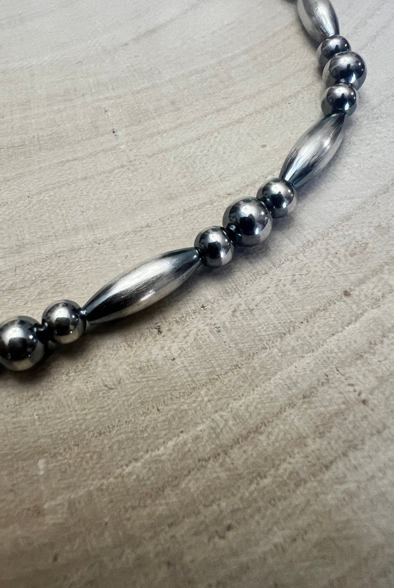 15” Torpedo Bead Necklace – Sterling Silver - Cowhide and Conchos