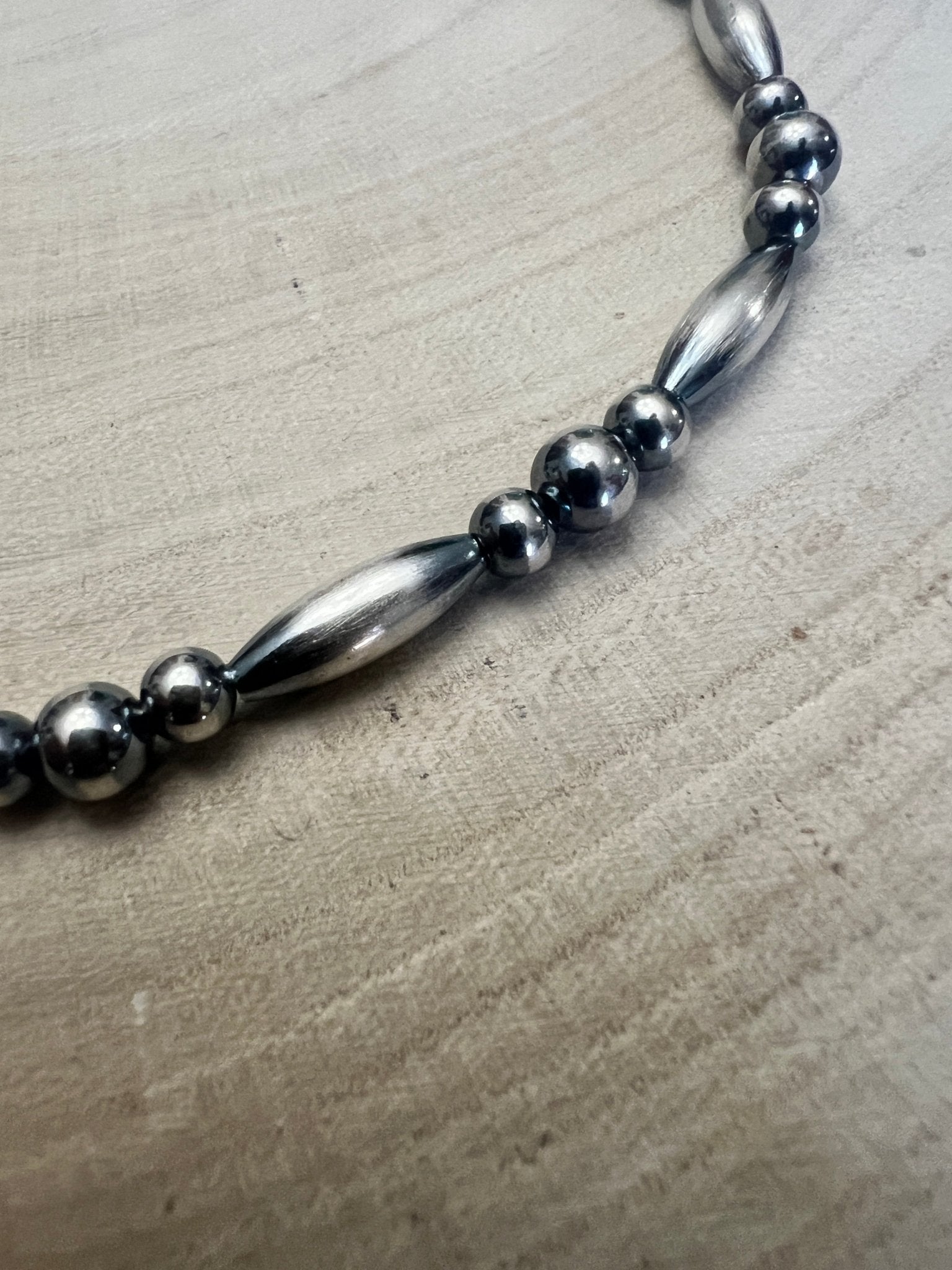 15” Torpedo Bead Necklace – Sterling Silver - Cowhide and Conchos