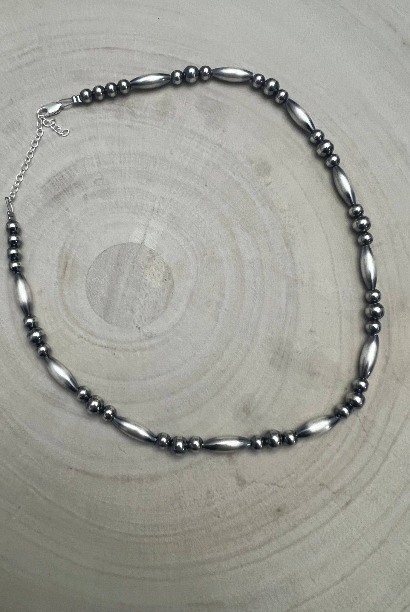 15” Torpedo Bead Necklace – Sterling Silver - Cowhide and Conchos