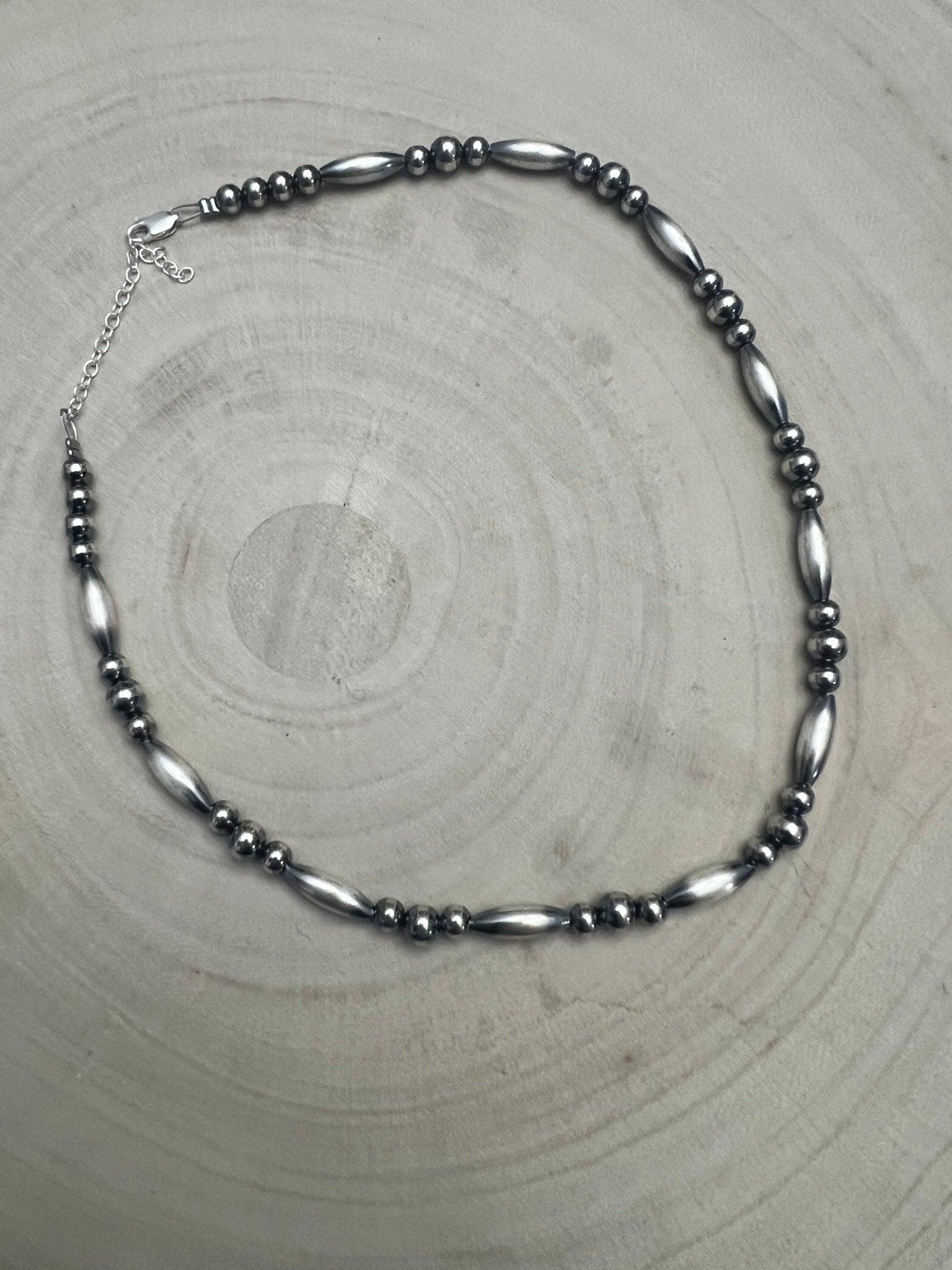 15” Torpedo Bead Necklace – Sterling Silver - Cowhide and Conchos