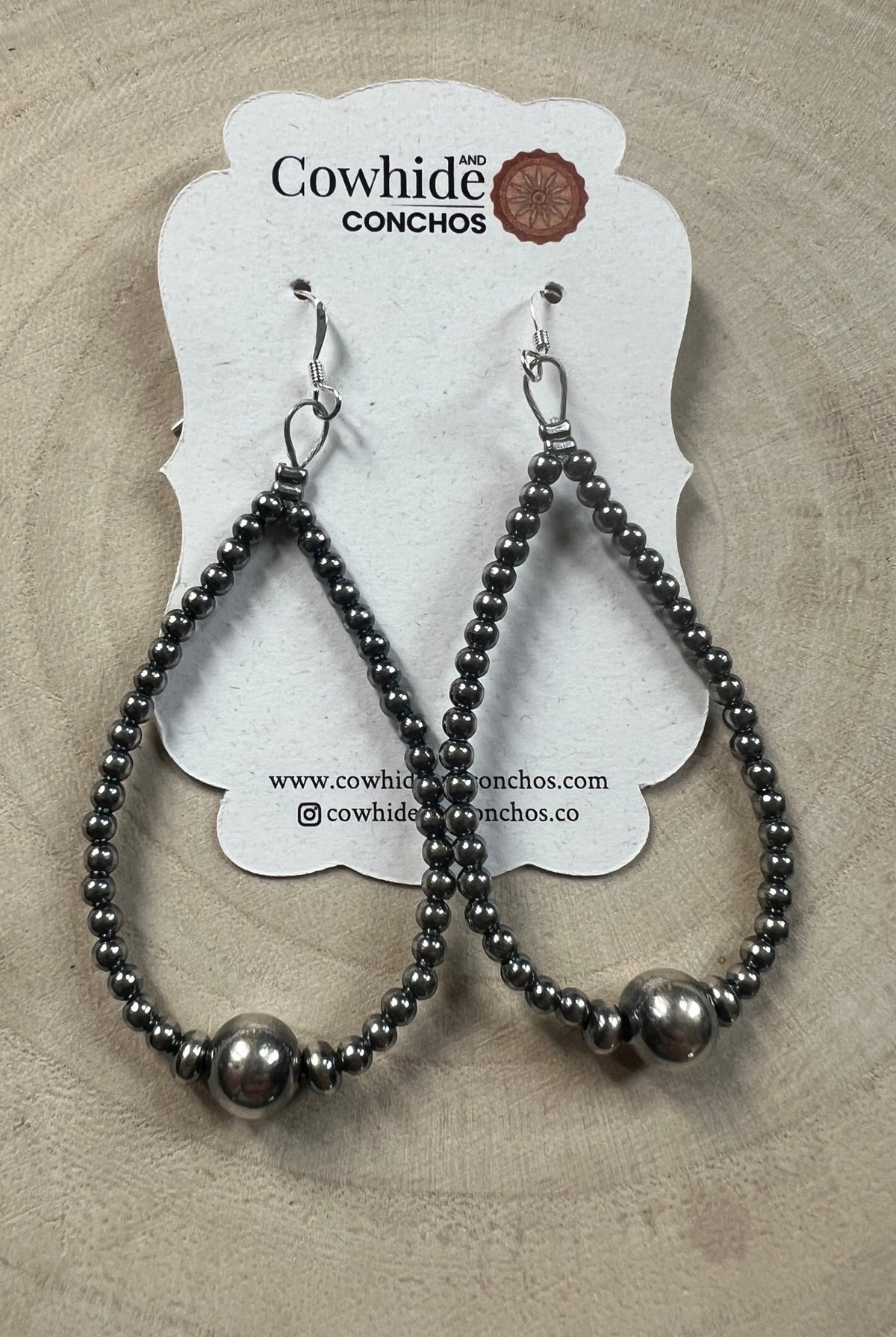 3-4-8mm Sterling Pearl Teardrop Earrings — 3 inch Drop (Made in USA) - Cowhide and Conchos