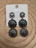 3 Concho Dangle Earrings with Faux Turquoise - 2 1/4 inch drop - Cowhide and Conchos