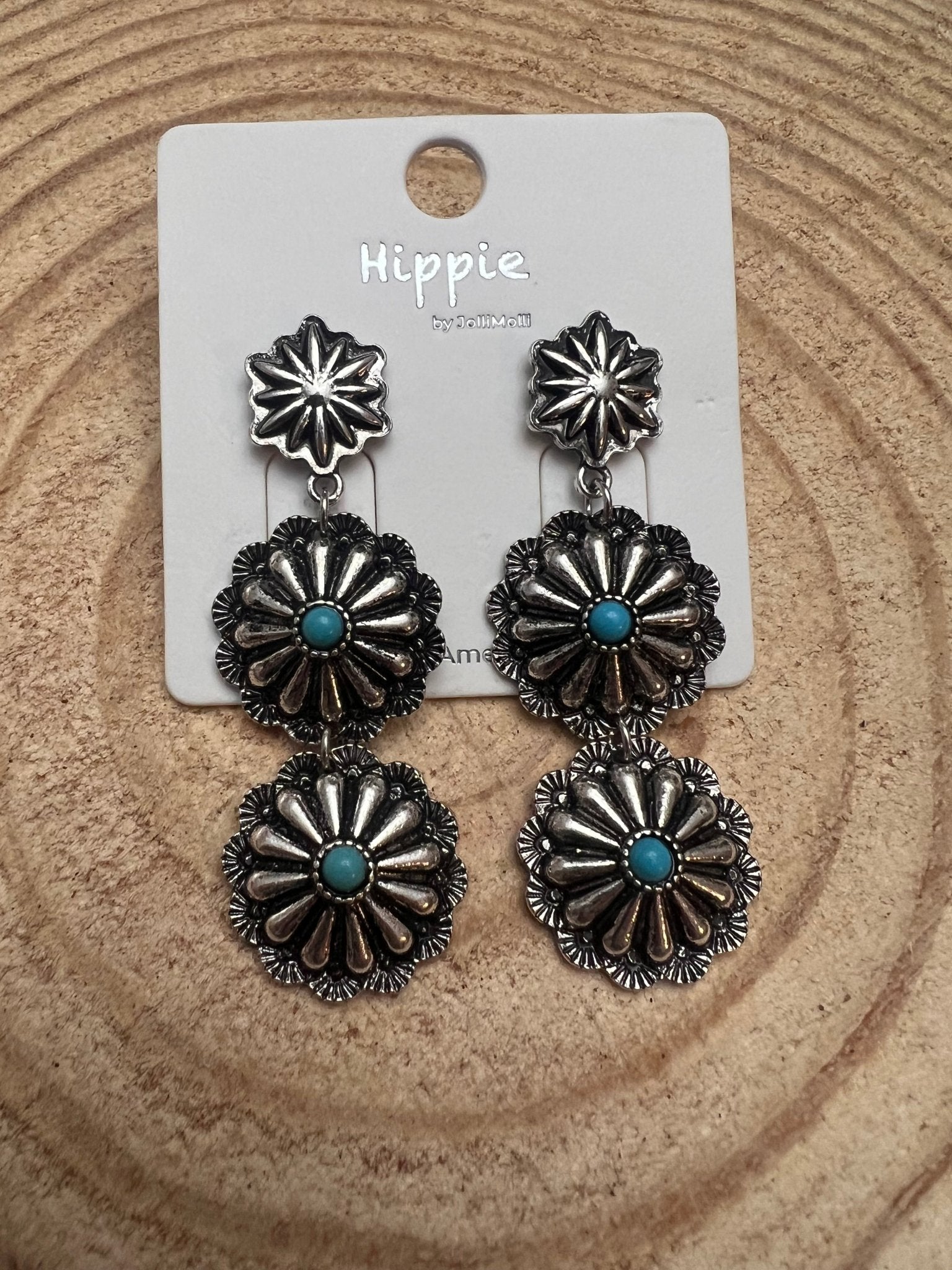 3 Concho Dangle Earrings with Faux Turquoise - 2 1/4 inch drop - Cowhide and Conchos