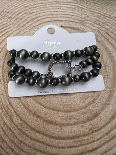 3 for 1 Set Horse Shoe Bracelet Set with Rhinestones - Cowhide and Conchos