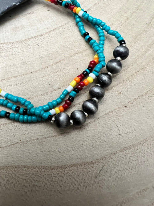 3 for 1 set of Seed Bead with Faux Navajo Pearl Stretch Bracelets - Turquoise - Cowhide and Conchos