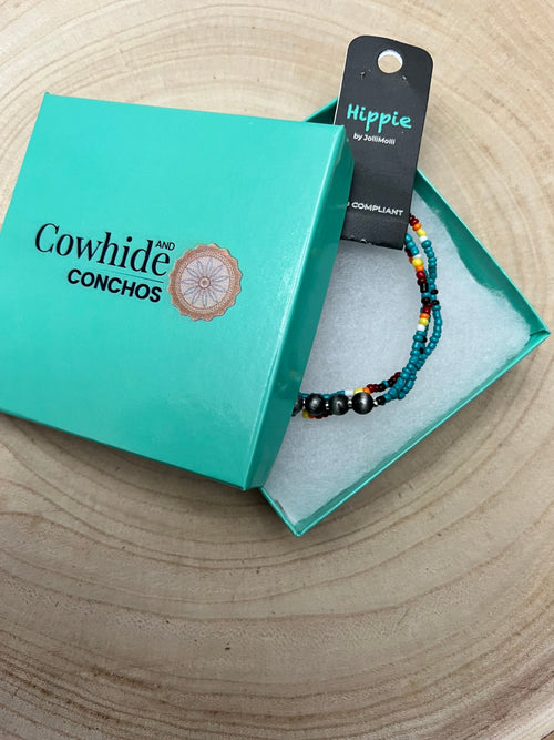 3 for 1 set of Seed Bead with Faux Navajo Pearl Stretch Bracelets - Turquoise - Cowhide and Conchos