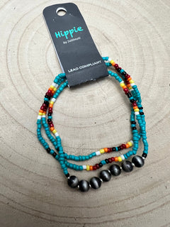 3 for 1 set of Seed Bead with Faux Navajo Pearl Stretch Bracelets - Turquoise - Cowhide and Conchos