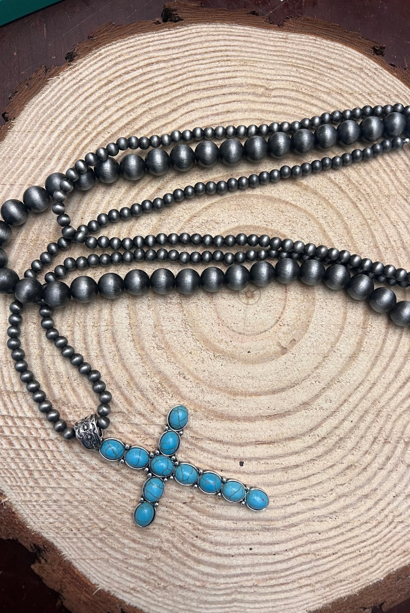 3 Layered Necklace with Faux Turquoise Cross Pendant - 16, 18 and 26 inch - Cowhide and Conchos