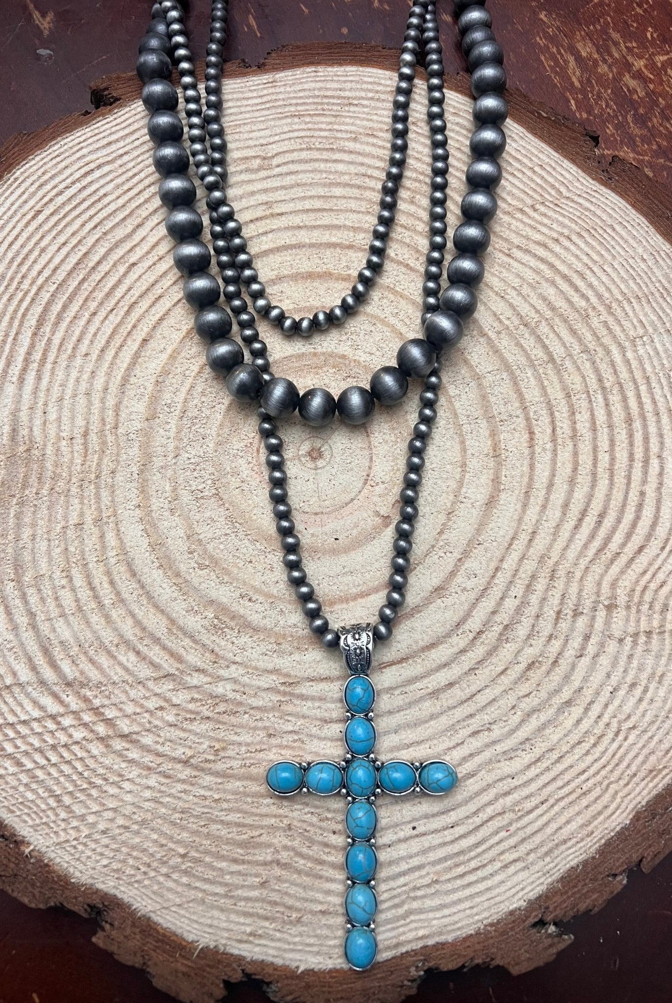 3 Layered Necklace with Faux Turquoise Cross Pendant - 16, 18 and 26 inch - Cowhide and Conchos