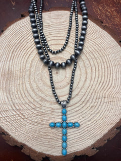3 Layered Necklace with Faux Turquoise Cross Pendant - 16, 18 and 26 inch - Cowhide and Conchos