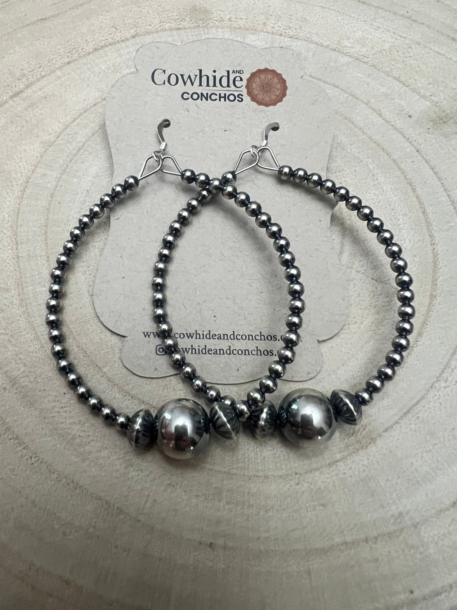 3 mm Sterling Silver Pearl Hoops with 10 mm - 2 inch drop - Cowhide and Conchos