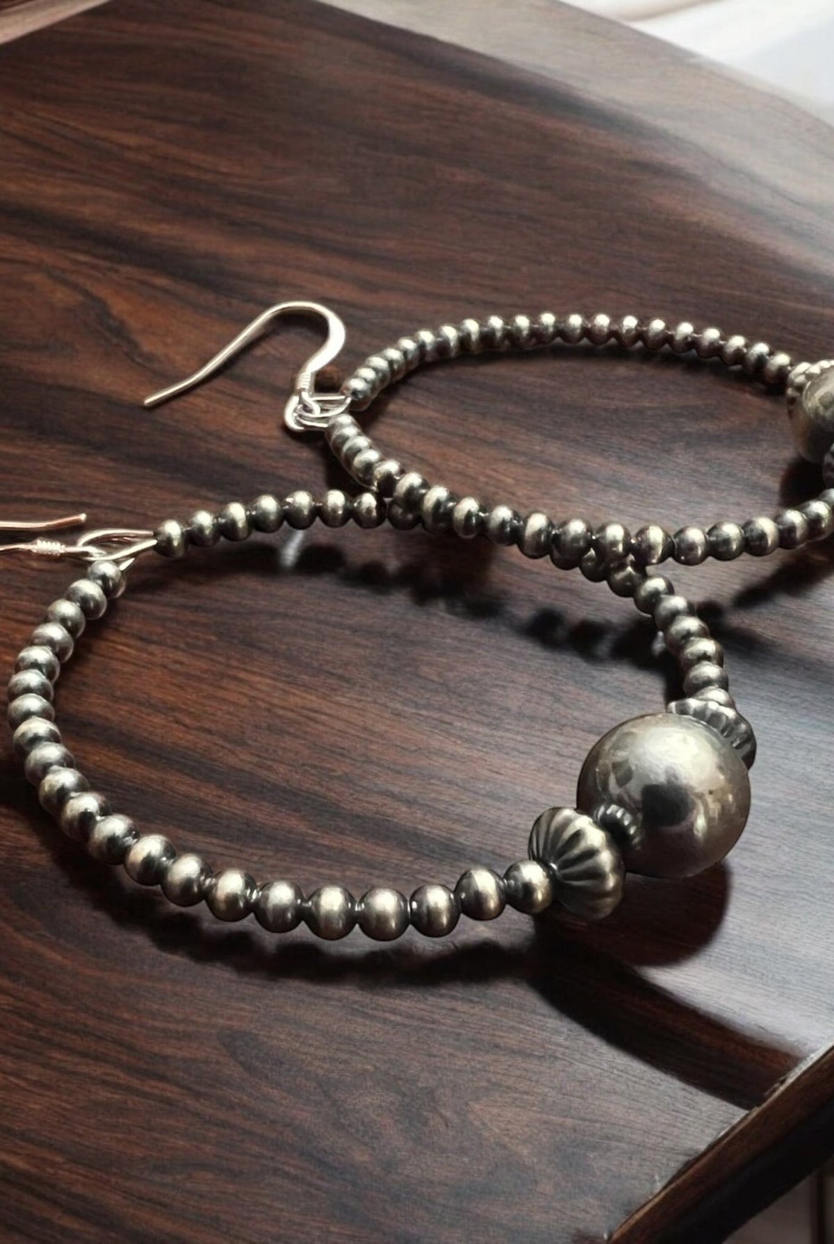 3 mm Sterling Silver Pearl Hoops with 10 mm - 2 inch drop - Cowhide and Conchos
