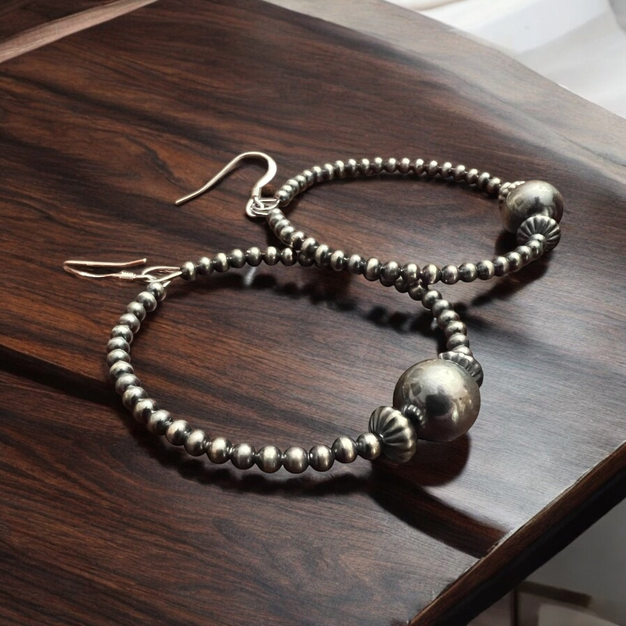 3 mm Sterling Silver Pearl Hoops with 10 mm - 2 inch drop - Cowhide and Conchos