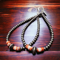 3 mm teardrop Sterling Silver Pearls earrings with orange Spiny Oyster - 3 1/4 inch drop - Cowhide and Conchos