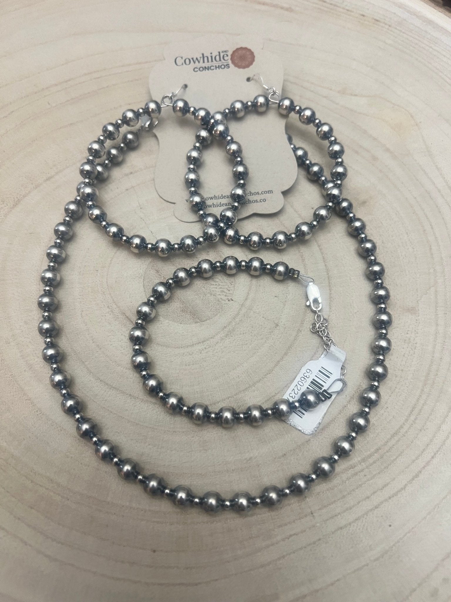 3mm and 6mm Sterling Silver Pearl Bracelet - Cowhide and Conchos