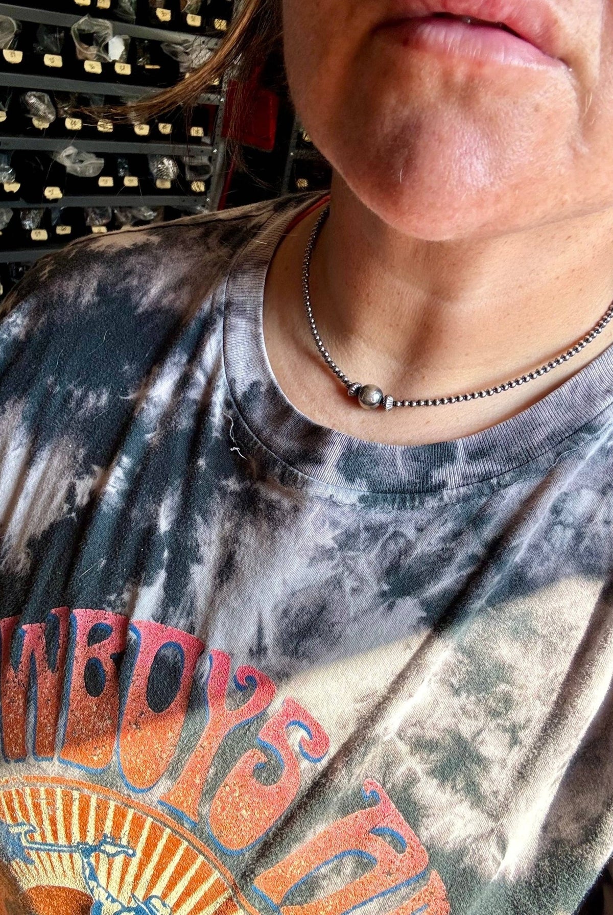 3mm Sterling Pearl Choker with 10mm Center & 2 Saucer Accents — 14 inch (with 3 inch Extender) - Cowhide and Conchos