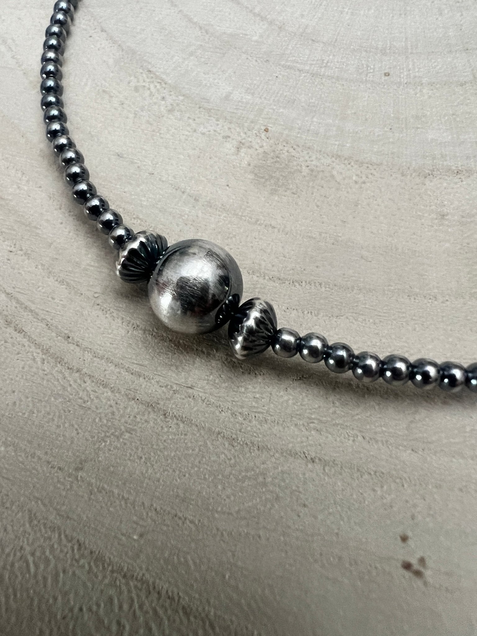 3mm Sterling Pearl Choker with 10mm Center & 2 Saucer Accents — 14 inch (with 3 inch Extender) - Cowhide and Conchos