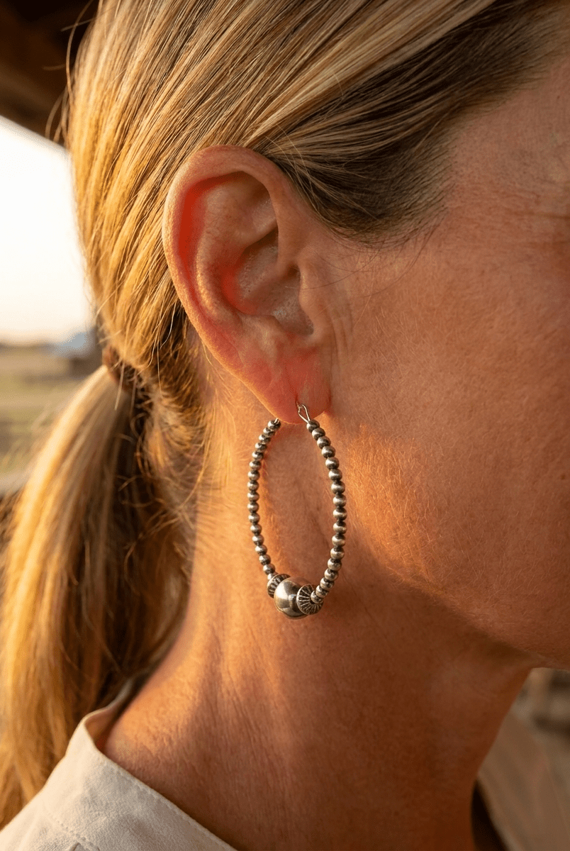 3mm Sterling Pearl Hoops with 10mm Center — 2 inch drop - Cowhide and Conchos