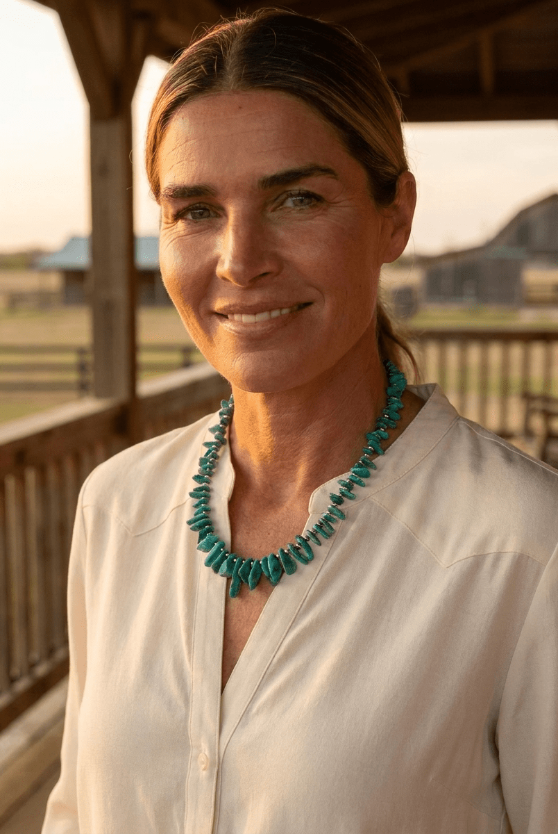 3mm Sterling Pearl Necklace with American Turquoise — 18 inch (One-of-a-Kind) - Cowhide and Conchos