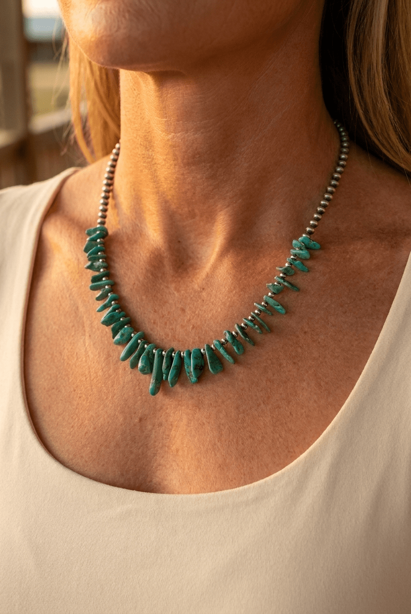 3mm Sterling Pearl Necklace with American Turquoise — 18 inch (One-of-a-Kind) - Cowhide and Conchos