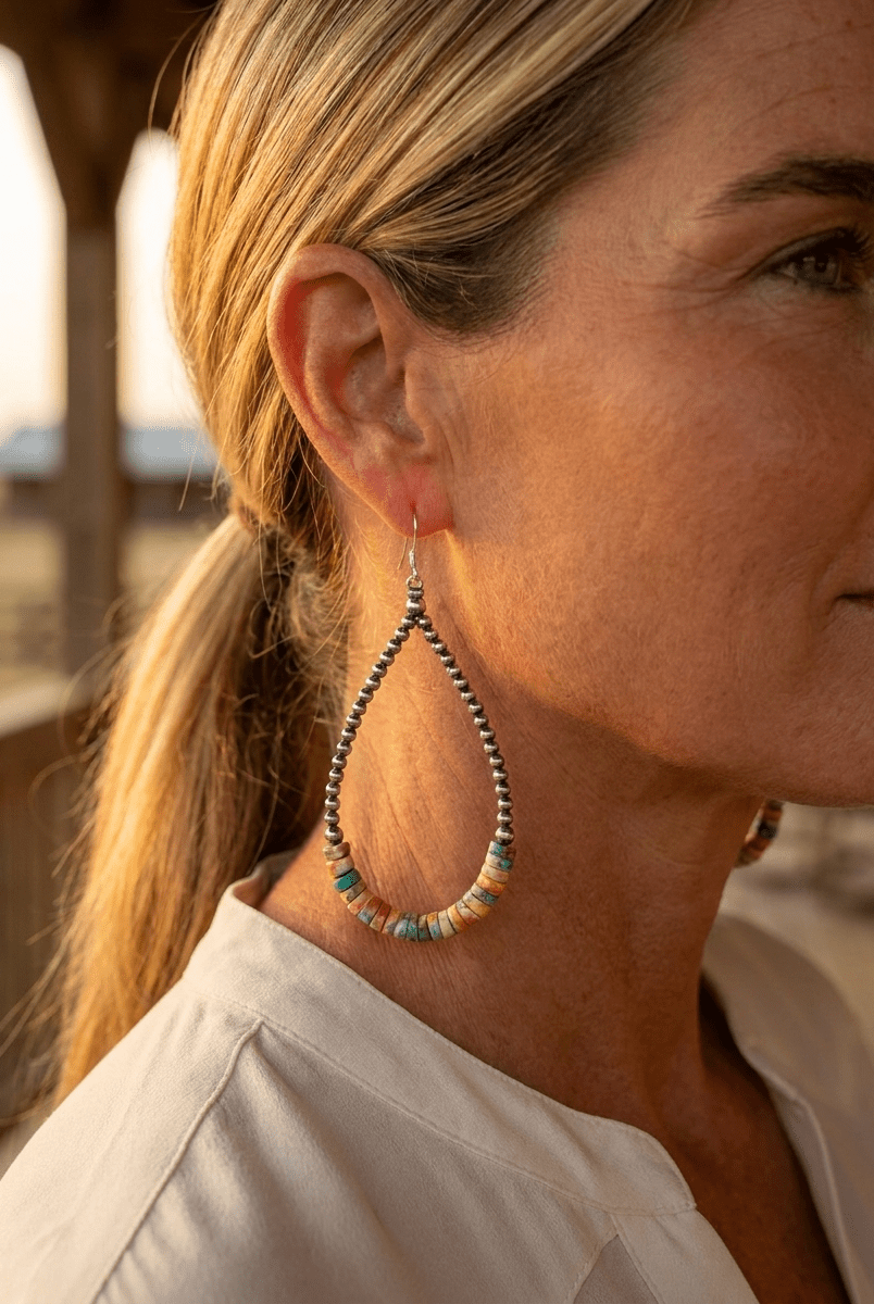 3mm Sterling Pearl Teardrop Earrings with Spiny Oyster & Turquoise — 4 inch drop (Made in USA) - Cowhide and Conchos