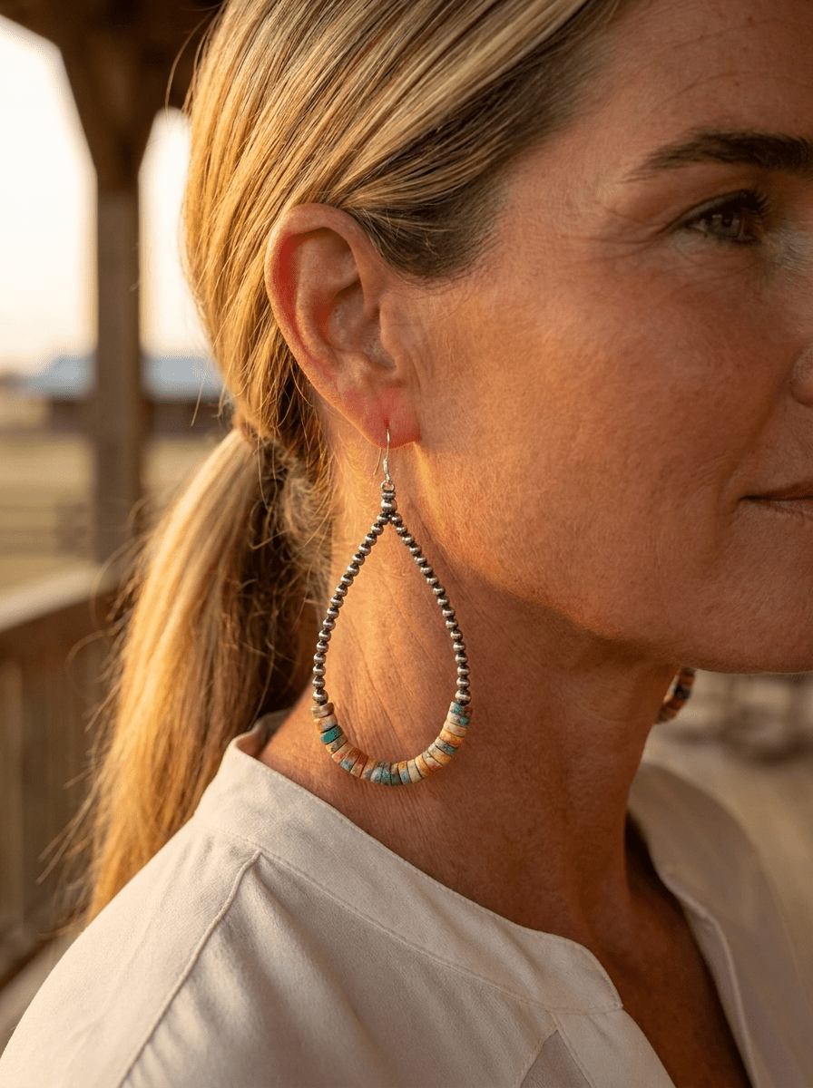 3mm Sterling Pearl Teardrop Earrings with Spiny Oyster & Turquoise — 4 inch drop (Made in USA) - Cowhide and Conchos