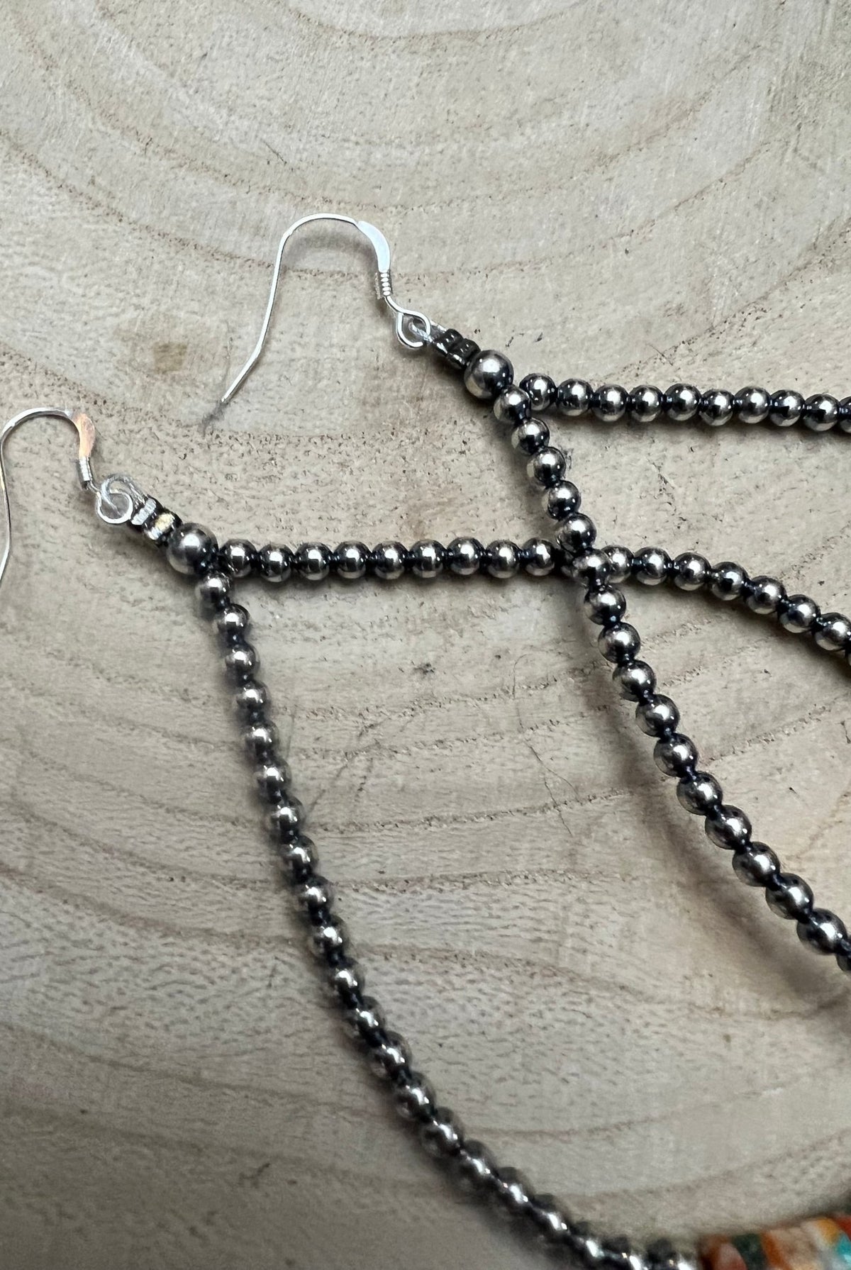 3mm Sterling Silver Pearl Teardrop with Orange Spiny Oyster/Turquoise Earrings - 4 inch drop - Cowhide and Conchos