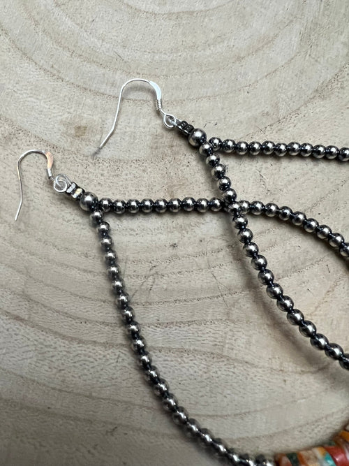 3mm Sterling Silver Pearl Teardrop with Orange Spiny Oyster/Turquoise Earrings - 4 inch drop - Cowhide and Conchos