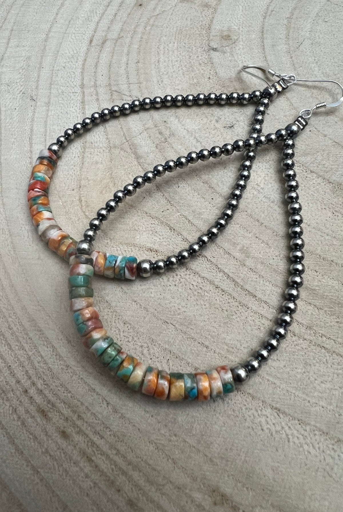 3mm Sterling Silver Pearl Teardrop with Orange Spiny Oyster/Turquoise Earrings - 4 inch drop - Cowhide and Conchos